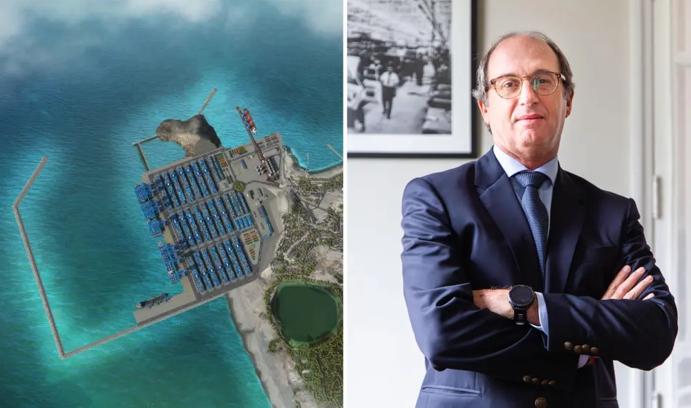 El presidente de la Sociedad Nacional de Industrias, Felipe James, resalta las ventajas de la nueva infraestructura portuaria. Composición: Andina/SNI El presidente de la Sociedad Nacional de Industrias, Felipe James, resalta las ventajas de la nueva infraestructura portuaria. Composición: Andina/SNI