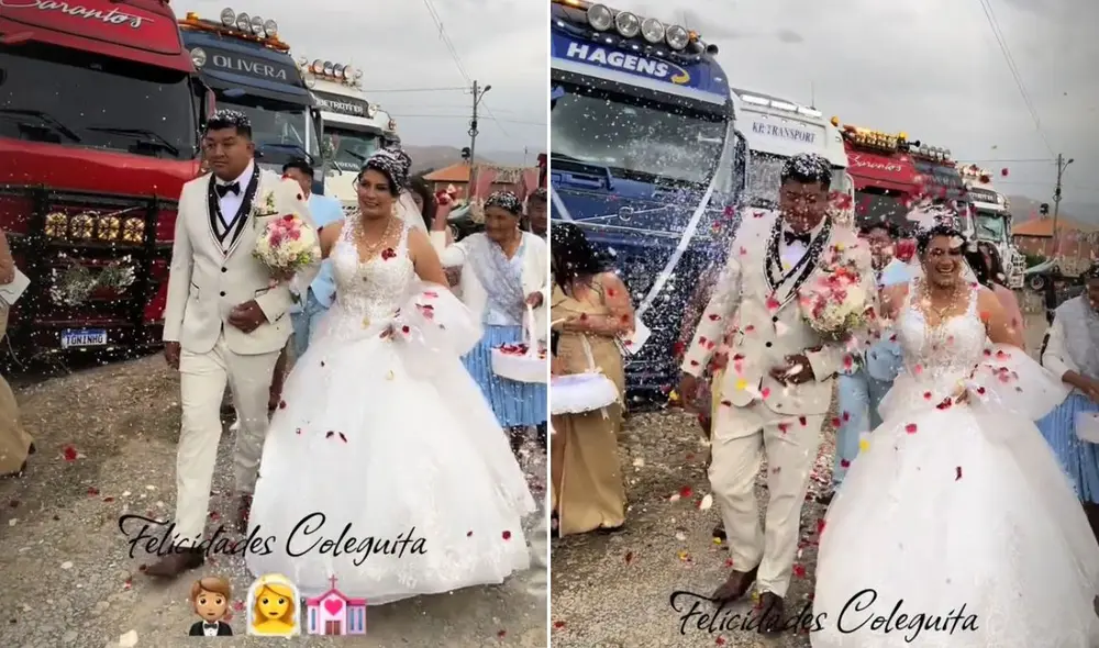 Pareja en Bolivia celebra su matrimonio en medio de camiones y en redes dicen: "La alegría del novio no tiene límites". Foto: composición LR / meji_trucker_007