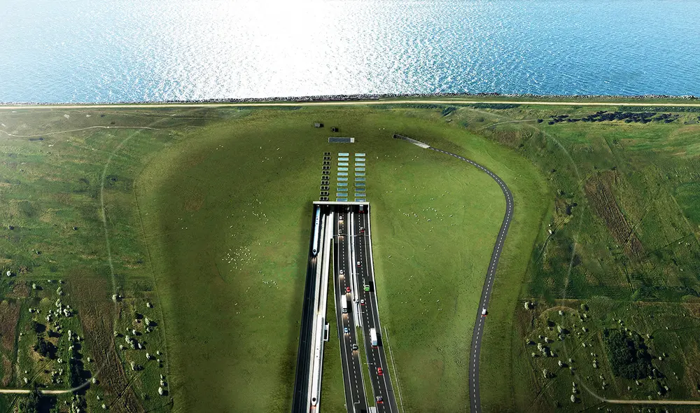 El túnel Fehmarnbelt Fixed Link reducirá el tiempo de viaje en coche entre Alemania y Dinamarca de 45 minutos en ferry a solo 10 minutos, y permitirá a los trenes cruzar el estrecho en solo 7. Foto: Femern A/S