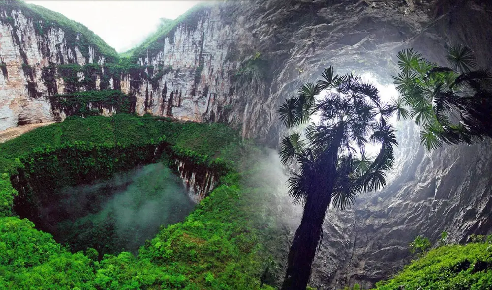 El Foso Celestial, o Xiaozhai Tiankeng, es el sumidero más grande y profundo del mundo, localizado en Chongqing, China, con hasta 662 metros de profundidad. Foto: composición LR/Cueva de Son Doong - Sơn Đoòng