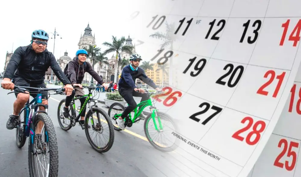 Trabajadores peruanos paseando en bicicleta este 6 de diciembre día no laborable en Perú. Composición LR/Andina.