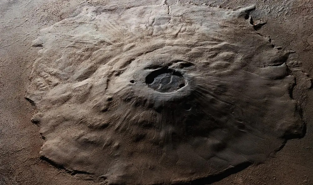Vista orbital del volcán Olympus Mons, tres veces más alto que el Everest y tan ancho como Francia. Foto: National Geographic.