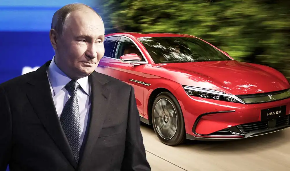 El presidente Vladimir Putin destacó la calidad y precios competitivos de automóviles y productos electrónicos chinos, evidenciando un cambio en la percepción de los consumidores rusos. Foto: composición LR/AFP/BYD