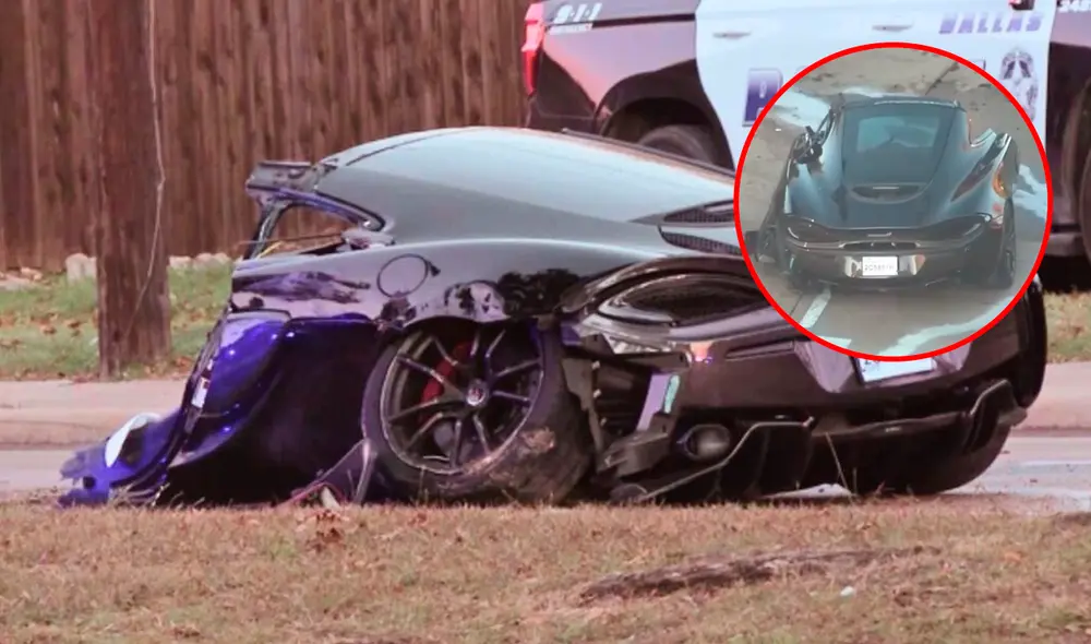 El auto McLaren destrozado figuraba destrozado tras haber chocado con un árbol. Foto: Publinews El auto McLaren destrozado figuraba destrozado tras haber chocado con un árbol. Foto: Publinews