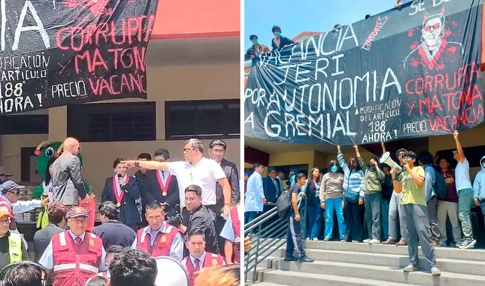 Estudiantes desplegaron una banderola en el comedor universitario para protestar contra la rectora Jerí Ramón. Foto: composición LR/difusión