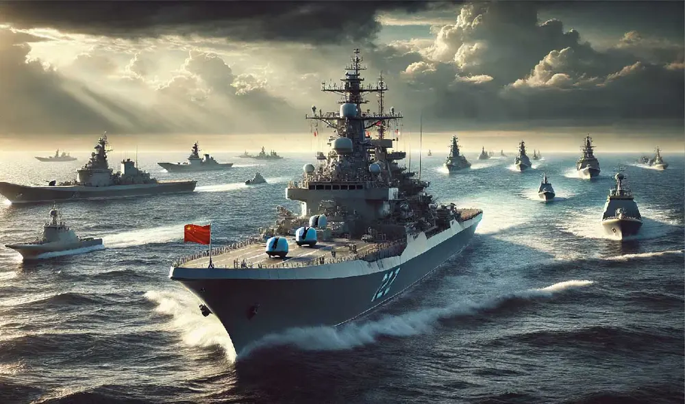 La competencia naval en el Indo-Pacífico se intensifica, ya que China, bajo Xi Jinping, ha aumentado su poderío militar, poniendo en riesgo la dominación de EE. UU. en la región. Foto: DALL.E La competencia naval en el Indo-Pacífico se intensifica, ya que China, bajo Xi Jinping, ha aumentado su poderío militar, poniendo en riesgo la dominación de EE. UU. en la región. Foto: DALL.E