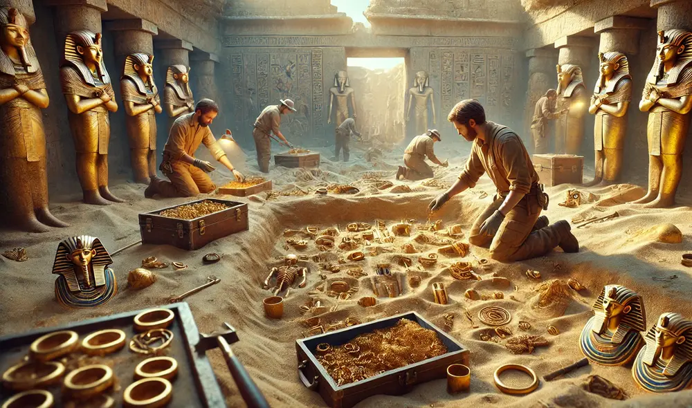 El tesoro hallado incluyó figuras de papel aluminio, que representan los símbolos religiosos del antiguo Egipto. Foto: Chat GPT IA El tesoro hallado incluyó figuras de papel aluminio, que representan los símbolos religiosos del antiguo Egipto. Foto: Chat GPT IA