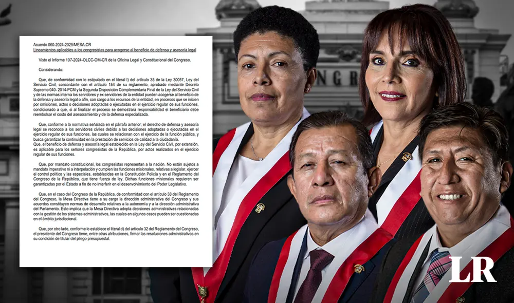 Mesa Directiva del Congreso aprobó acuerdo que permitiría que la defensa legal de los congresistas sea asumida por los gastos del Congreso | Composición: Jazmín Ceras / Foto: La República Mesa Directiva del Congreso aprobó acuerdo que permitiría que la defensa legal de los congresistas sea asumida por los gastos del Congreso | Composición: Jazmín Ceras / Foto: La República