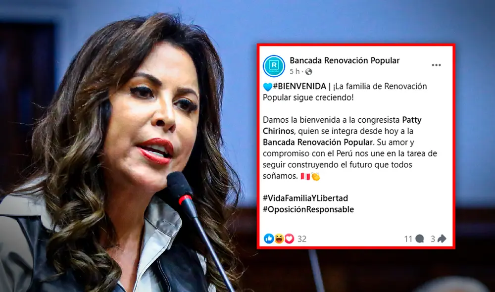 Con el ingreso de Patricia Chirinos, la bancada de Renovación Popular suma 11 parlamentarios. Foto: composición LR