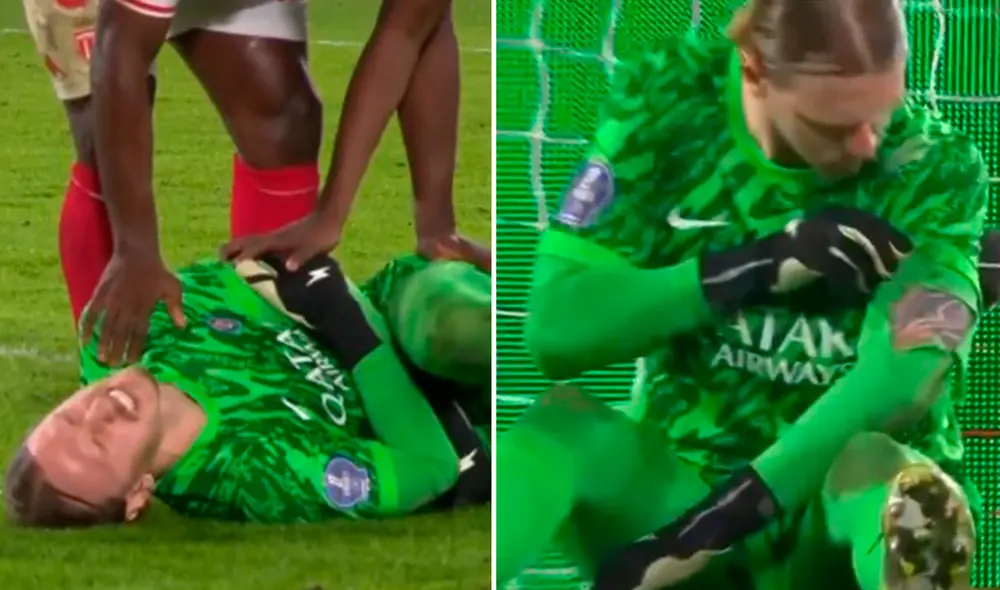 Matvey Safonov fue pisado por un jugador de Mónaco por ir a la disputa del balón. Foto: composición de LR/captura de ESPN