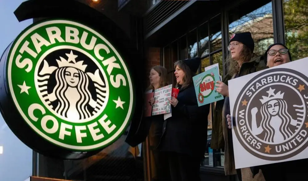 El 16 de noviembre de 2023, empleados de Starbucks y sus aliados realizaron una huelga y organizaron piquetes en Seattle. Foto: composición LR/ BBC El 16 de noviembre de 2023, empleados de Starbucks y sus aliados realizaron una huelga y organizaron piquetes en Seattle. Foto: composición LR/ BBC
