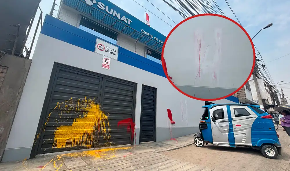 Presuntos barristas arrojan pintura a sede de la Sunat /Composición LR/Foto: Miran Torres