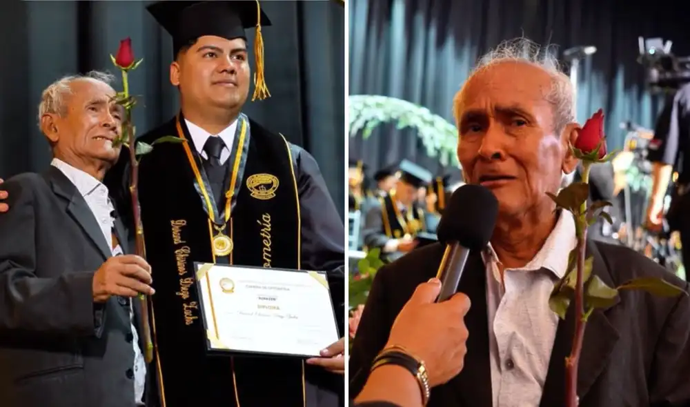 Adulto mayor no contuvo la emoción al ver a su nieto graduarse y rompe en llanto. Foto: composición LR / captura Adulto mayor no contuvo la emoción al ver a su nieto graduarse y rompe en llanto. Foto: composición LR / captura