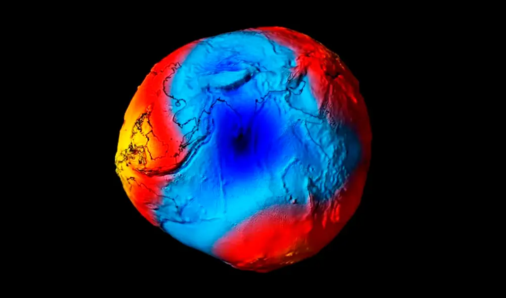 El "agujero gravitacional" en el océano Índico es la mayor baja del geoide en la Tierra, donde la gravedad es más débil debido a una distribución desigual de la masa terrestre. Foto: Geophysical Research Letters
