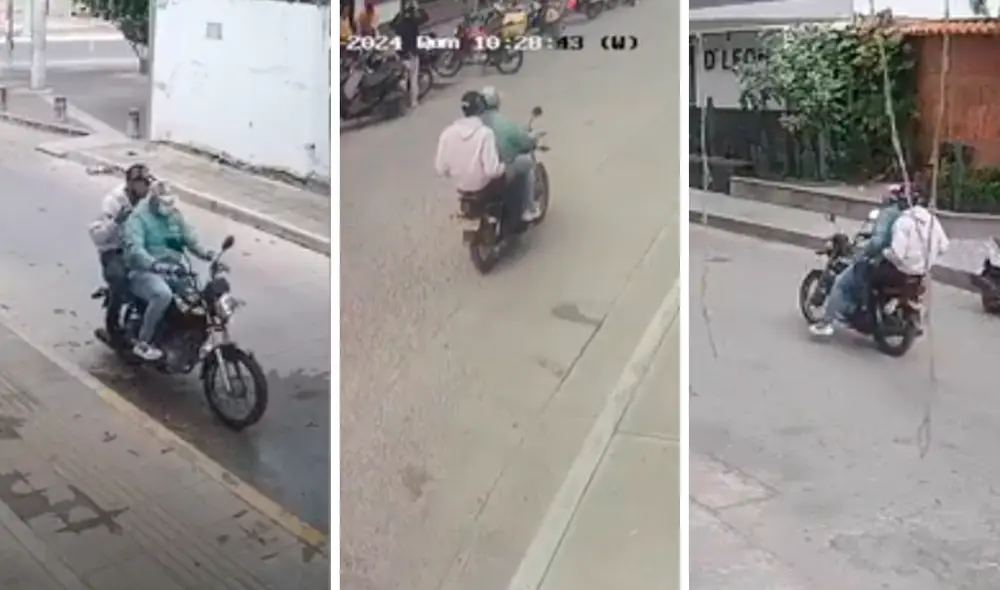 En la grabación de seguridad, se observa cómo un hombre desciende de una motocicleta y entra al establecimiento. Foto: Composición LR/Colombia Oscura/X