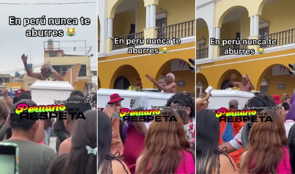 En el pasacalle de Guadalupe, un adulto mayor desfiló sobre un ataúd causando asombro entre los presentes. Foto: composición LR/captura Instagram/@peruanoqsr_oficial