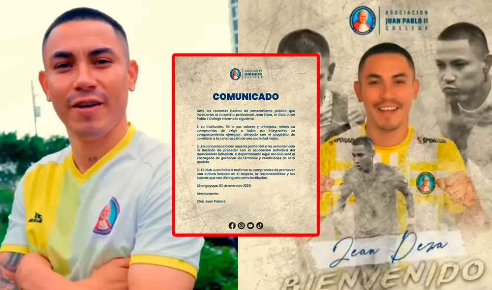Jean Deza fue anunciado como nuevo jugador de Juan Pablo II para la temporada 2025. Foto: composición GLR Jean Deza fue anunciado como nuevo jugador de Juan Pablo II para la temporada 2025. Foto: composición GLR