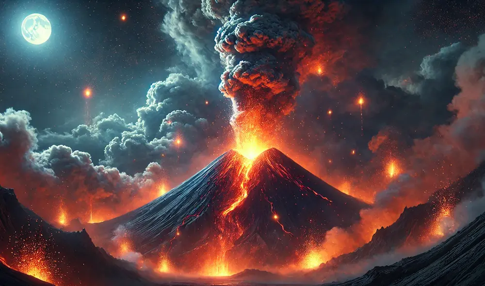 Hace 200 años, una crisis climática global fue ocasionada por la erupción de un volcán, que liberó 13 teragramos de azufre en la estratósfera. Foto: Composición Chat GPT/IA. Hace 200 años, una crisis climática global fue ocasionada por la erupción de un volcán, que liberó 13 teragramos de azufre en la estratósfera. Foto: Composición Chat GPT/IA.