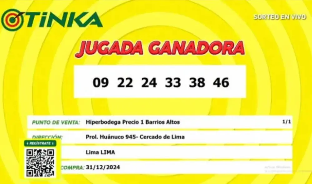 Jugada ganadora de La Tinka de este lunes 1 de enero de 2025. Foto: Captura La Tinka Jugada ganadora de La Tinka de este lunes 1 de enero de 2025. Foto: Captura La Tinka