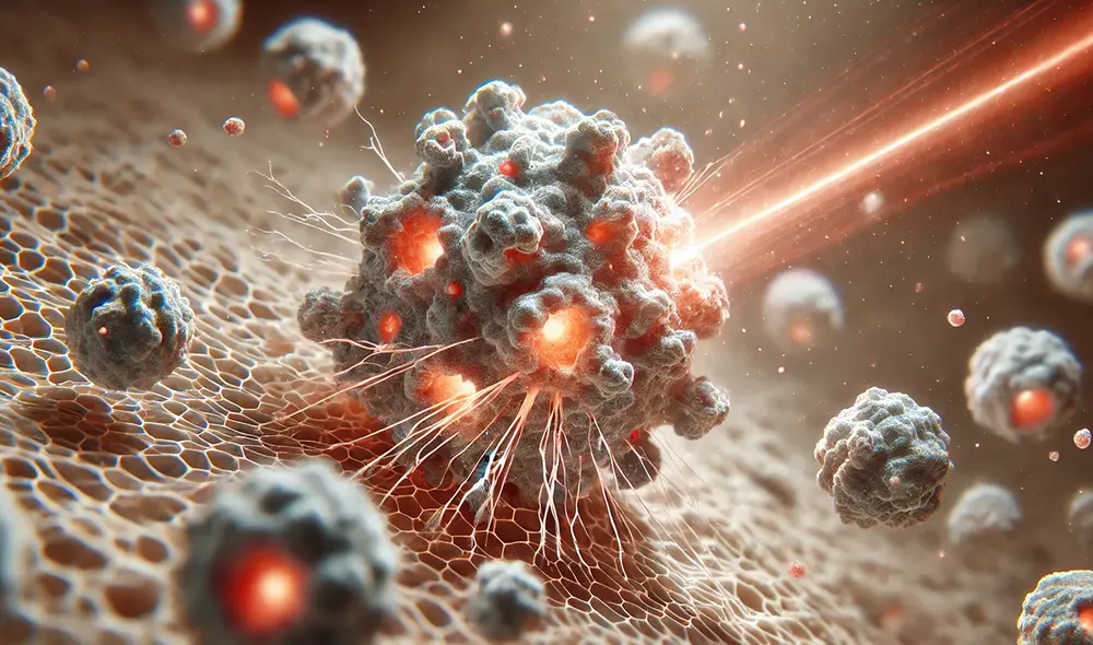 El método utiliza luz infrarroja para activar moléculas de aminocianina, logrando desintegrar el 99% de las células cancerígenas. Foto: ChatGPT El método utiliza luz infrarroja para activar moléculas de aminocianina, logrando desintegrar el 99% de las células cancerígenas. Foto: ChatGPT