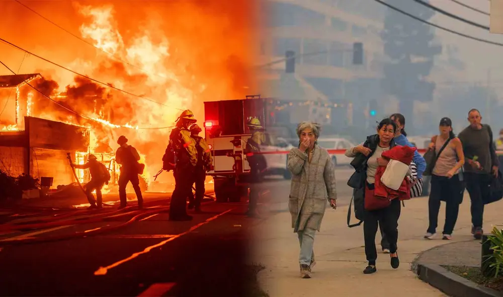 Fuertes vientos y condiciones de sequía extrema alimentaron las llamas del incendio en California, dificultando las labores de extinción. Foto: composición LR/ Reuters/Bloomberg