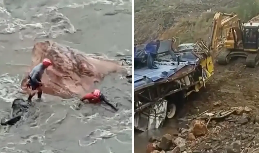 Autoridades realizaron el retiro de los restos del bus que cayó a un río en Áncash. Foto: Composición LR.