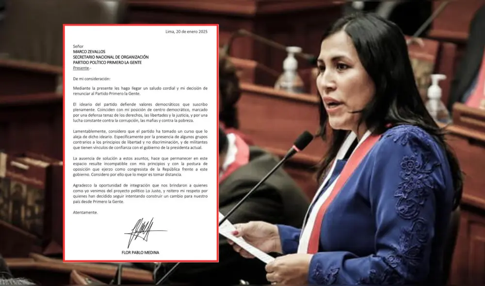 La congresista Flor Pablo renunció al partido Primero La Gente debido a la cercanía de algunos militantes con el gobierno actual. | Composición LR. La congresista Flor Pablo renunció al partido Primero La Gente debido a la cercanía de algunos militantes con el gobierno actual. | Composición LR.