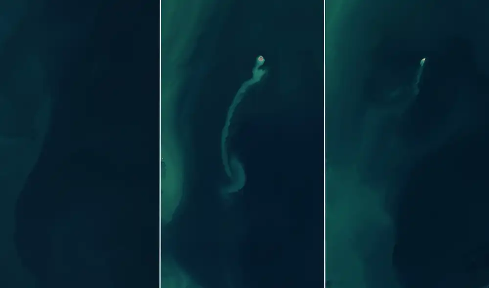 Investigadores obtuvieron imágenes satelitales del banco Kumani apareciendo y desapareciendo lentamente entre 2022 y 2024. Foto: NASA Investigadores obtuvieron imágenes satelitales del banco Kumani apareciendo y desapareciendo lentamente entre 2022 y 2024. Foto: NASA