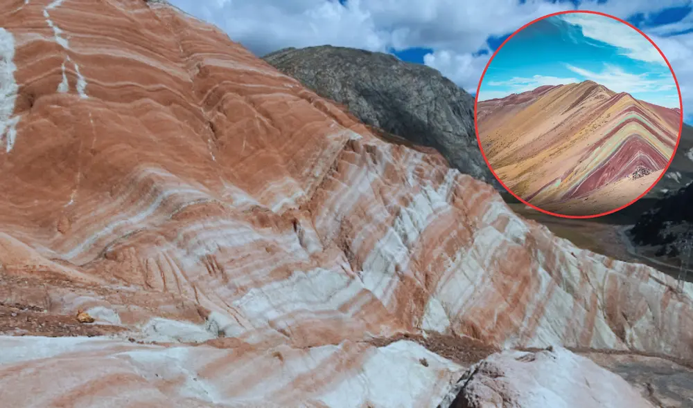 La montaña de Pucapampa destaca por sus tonalidades que varían entre el rojo, blanco y beige. Foto: composición LR/Salkantay/Mincetur