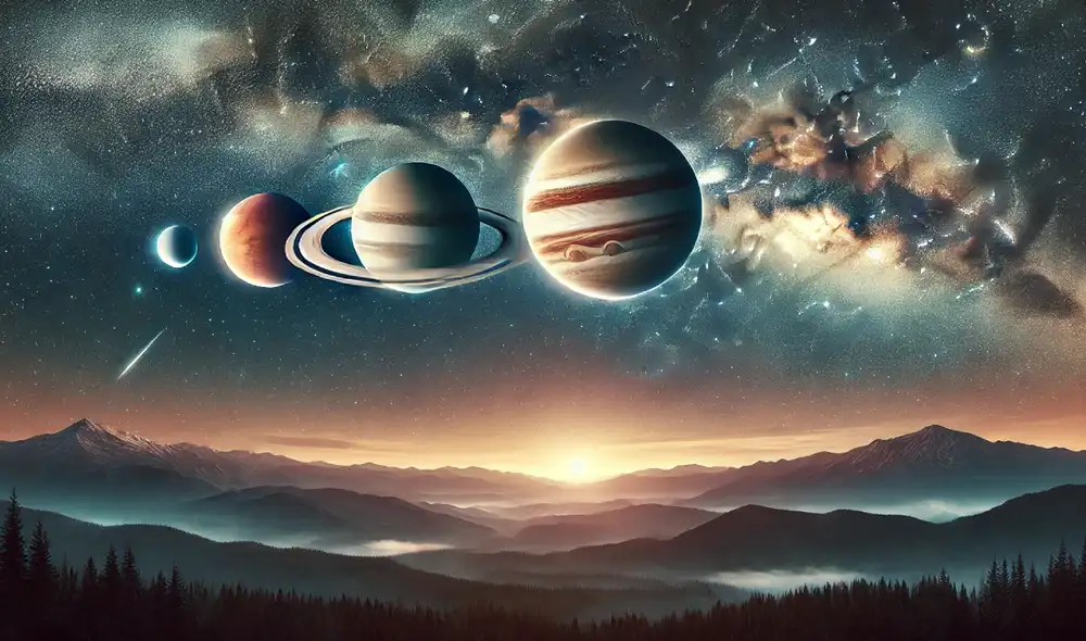 La NASA detalla que Venus, Saturno, Júpiter y Marte podrán ser observados sin instrumentos especializados. Foto: Dall-E