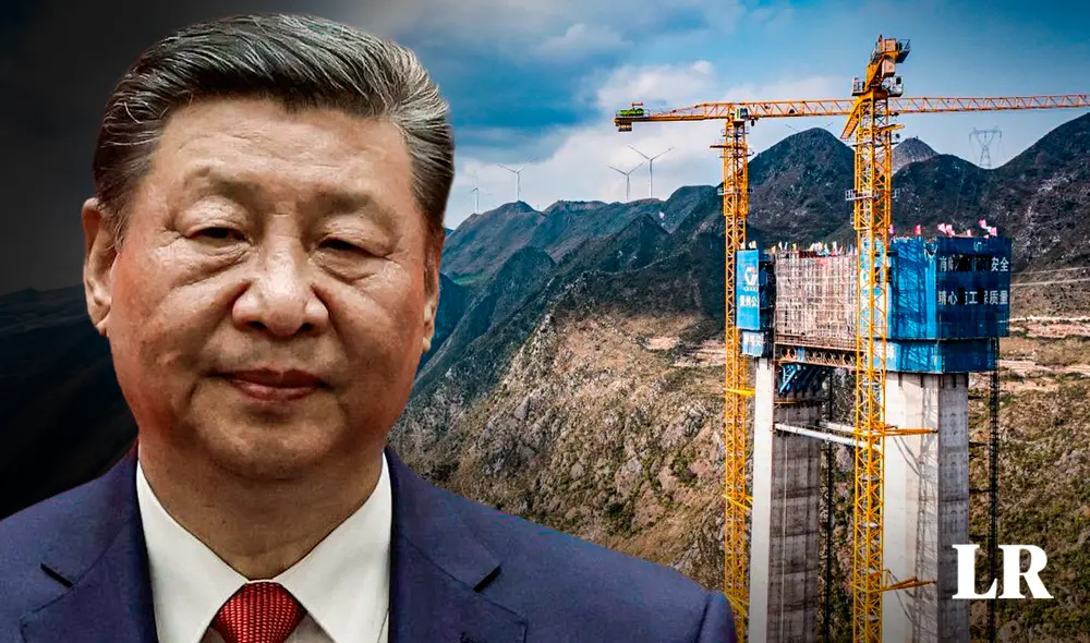 Casi 2 años después del inicio de las obras en un profundo barranco en el suroeste de Guizhou, ya se ha completado la mitad de la construcción. Foto: Cooperativa / Composición LR.