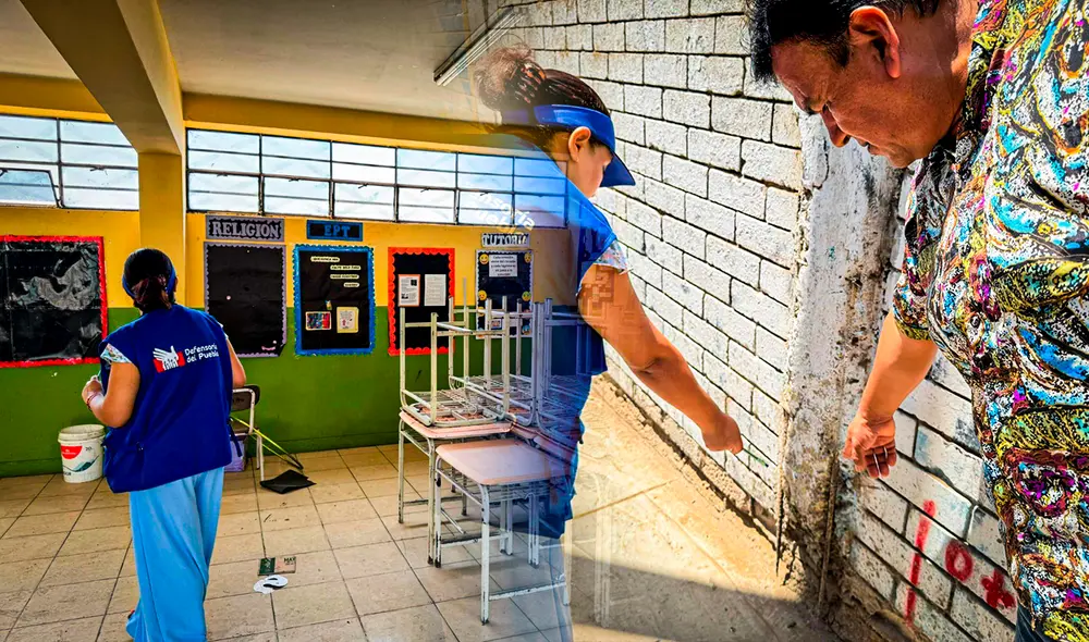 La Defensoría del Pueblo ha constatado el mal estado de colegios en varios distritos. Fotocomposición