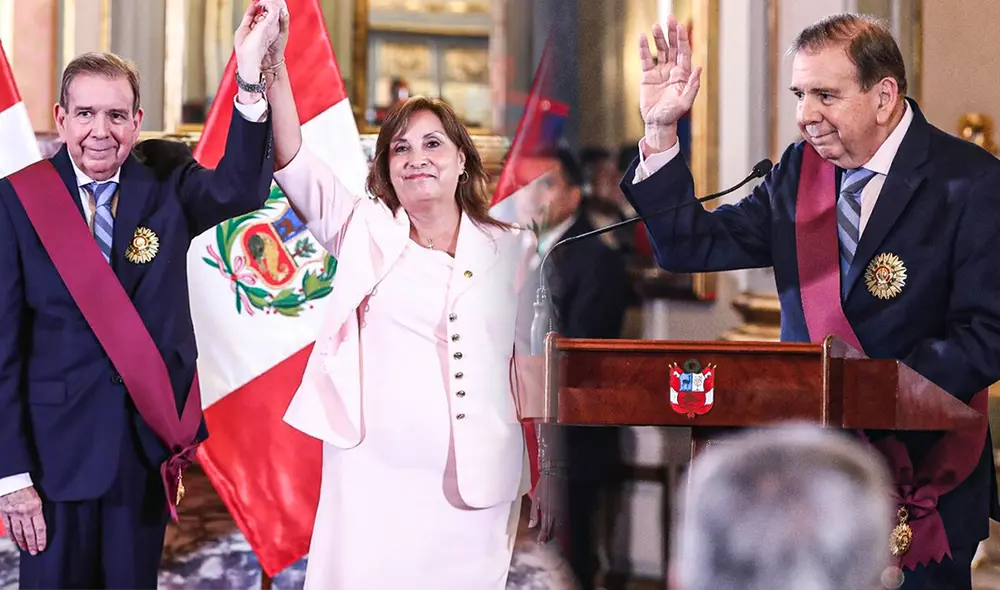 Durante su visita en Lima, Edmundo González fue condecorado por Dina Boluarte en Palacio de Gobierno. | Composición: Ariana Espinoza / La República. Durante su visita en Lima, Edmundo González fue condecorado por Dina Boluarte en Palacio de Gobierno. | Composición: Ariana Espinoza / La República.
