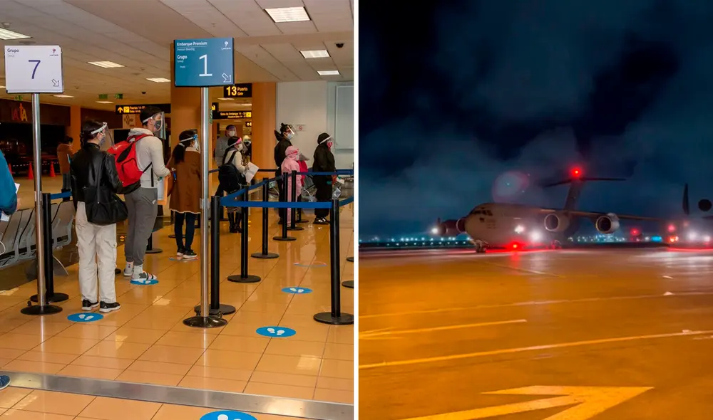 El primer vuelo enviado de Estados Unidos trajo a 34 peruanos. Se espera la llegada de otros 40. Fotocomposión
