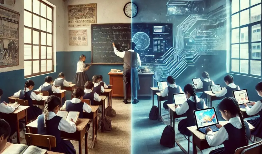 El avance de la tecnología digital ha permitido recursos innovadores en la enseñanza, pero la inteligencia artificial (IA) aún no es común en las aulas peruanas. Foto: composición LR/IA