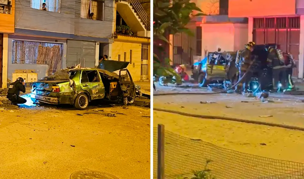 La noche del martes, desconocidos arrojaron un artefacto explosivo, destruyendo un auto y afectando al menos siete viviendas en Los Olivos. Foto: composición LR/difusión La noche del martes, desconocidos arrojaron un artefacto explosivo, destruyendo un auto y afectando al menos siete viviendas en Los Olivos. Foto: composición LR/difusión