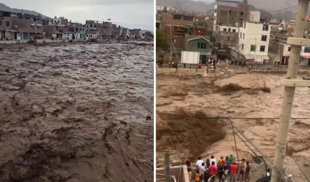 El caudal del río Tierras Blancas, en Nasca (Ica), ha aumentado debido a intensas lluvias, ocasionando su desbordamiento y afectando viviendas cercanas. Foto: composición LR/difusión