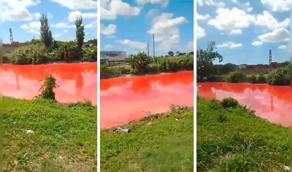 La reciente coloración roja del arroyo Sarandí generó preocupación entre los vecinos de Avellaneda, Argentina. Foto: Composición LR/@therealbuni