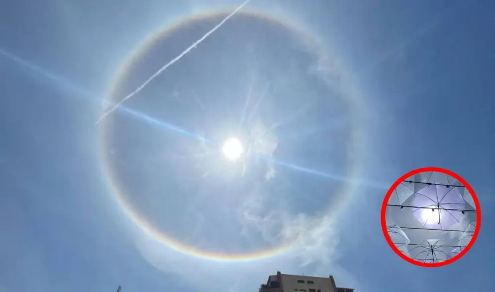 Un halo solar es un anillo luminoso causado por la refracción de luz en cristales de hielo. Foto: composiciónLR/El Impulso Un halo solar es un anillo luminoso causado por la refracción de luz en cristales de hielo. Foto: composiciónLR/El Impulso