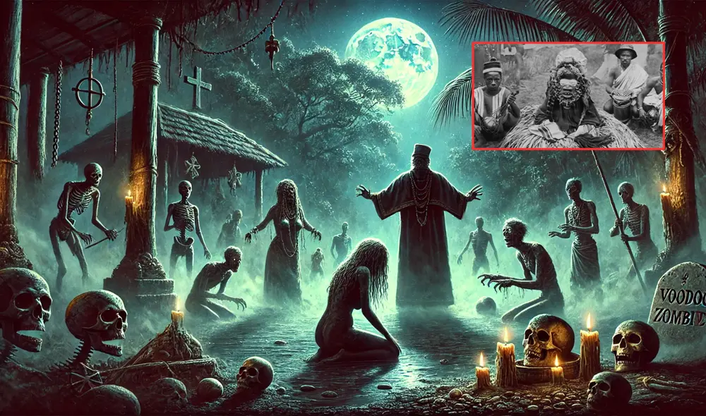 El concepto de zombi en la tradición haitiana está estrechamente vinculado al vudú, una religión sincrética que mezcla creencias africanas con influencias del catolicismo y el espiritismo. Foto: composición LR/chatgpt/BBC