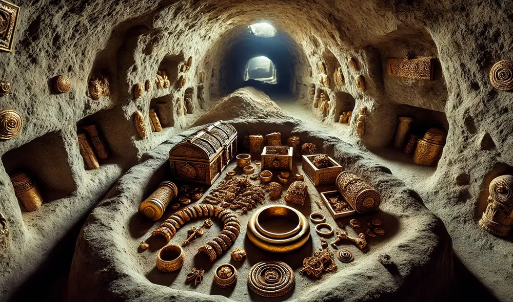 Una excavación arqueológica en Kazajistán descubrió valiosas tumbas antiguas con joyas de oro y otros artefactos que pertenecían a los sármatas. Foto: ChatGPT IA Una excavación arqueológica en Kazajistán descubrió valiosas tumbas antiguas con joyas de oro y otros artefactos que pertenecían a los sármatas. Foto: ChatGPT IA