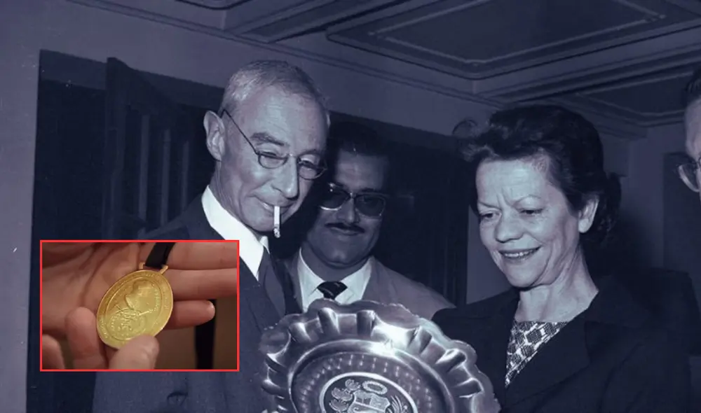 La medalla que la Universidad Nacional de Ingeniería (UNI) entregó a J. Robert Oppenheimer en 1958 ha cobrado notoriedad recientemente debido a un intento de venta por 15 mil dólares. Foto: composición LR/AP Noticias/Radio San Martín