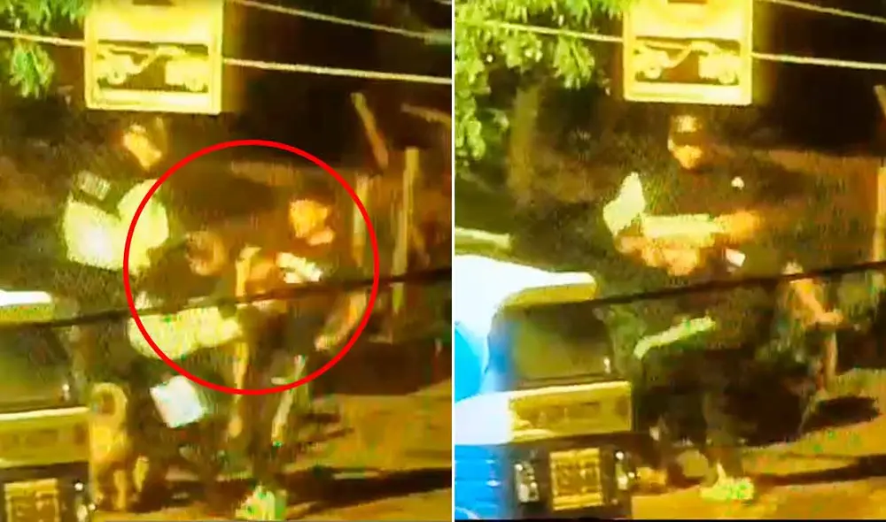 El momento exacto cuando el mototaxista golpea a uno de los serenos. Foto: composición LR El momento exacto cuando el mototaxista golpea a uno de los serenos. Foto: composición LR