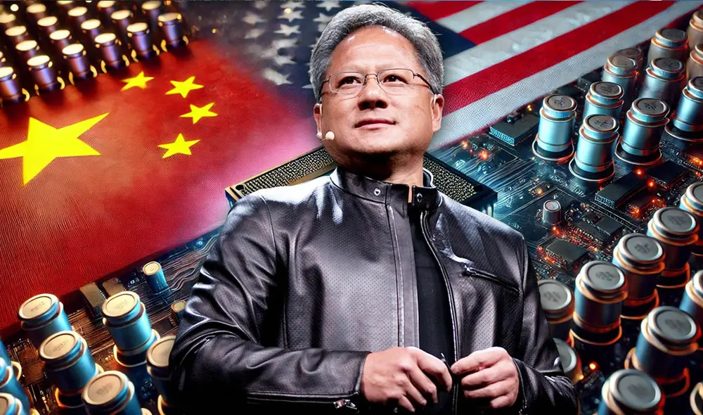 Jen-Hsun Huang, un inmigrante taiwanés, fundó Nvidia en 1993 y ha llevado la compañía a dominar el 70% del mercado de chips para inteligencia artificial, mientras busca mantener relaciones comerciales con China. Foto: composición LR/Nvidia/DALL-E