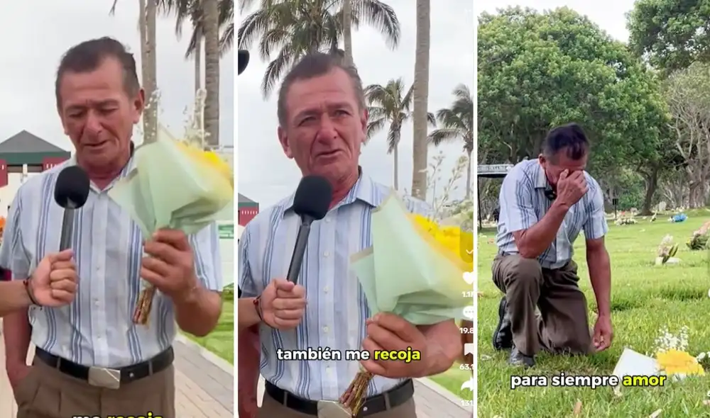 Adulto mayor se quiebra al visitar la tumba de su esposa en San Valentín. Foto: composición LR / captura TikTok