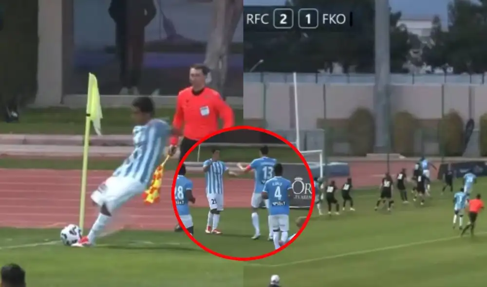 Joao Grimaldo, en su estreno con el Riga de Letonia, le dio un pase de gol a su compañero. Foto: composición LR/captura de X/Riga