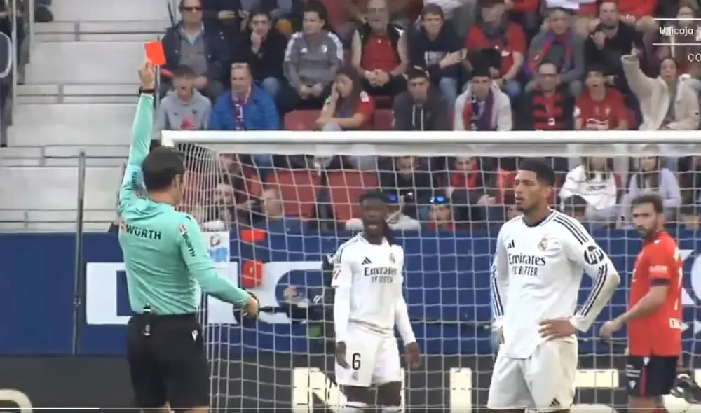 Jude Bellingham fue expulsado en los minutos finales del primer tiempo entre Real Madrid vs Osasuna. Foto: captura de Movistar+ Jude Bellingham fue expulsado en los minutos finales del primer tiempo entre Real Madrid vs Osasuna. Foto: captura de Movistar+