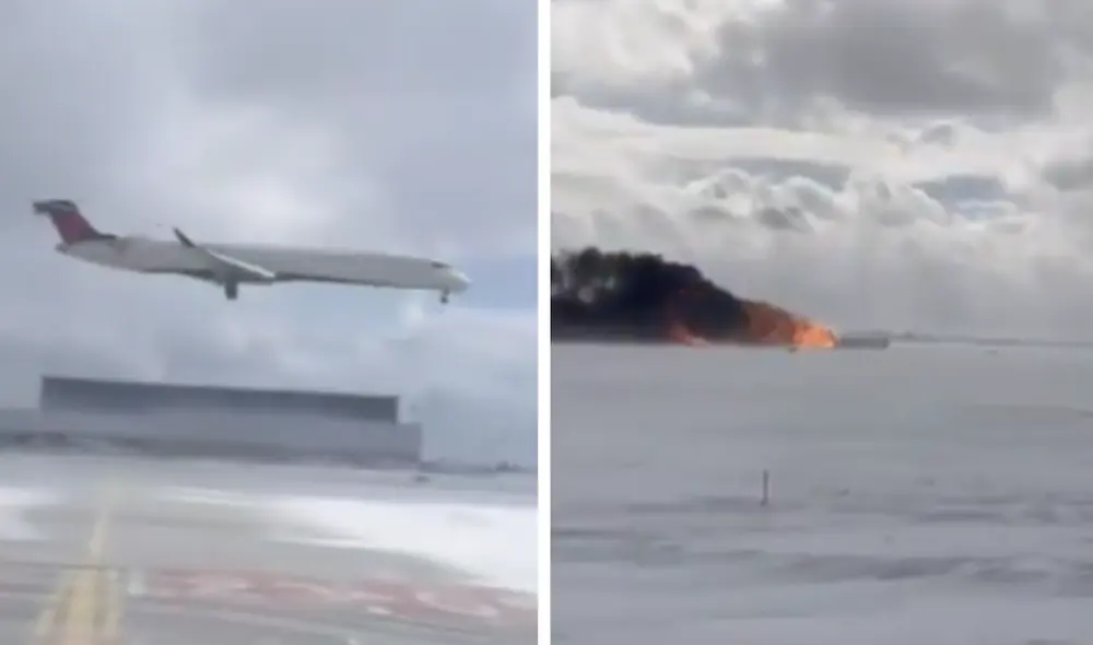 Un vuelo CRJ900 de Endeavor Air se estrelló al aterrizar en Toronto, volcando sobre una pista cubierta de hielo. Foto: @lopezdoriga/X Un vuelo CRJ900 de Endeavor Air se estrelló al aterrizar en Toronto, volcando sobre una pista cubierta de hielo. Foto: @lopezdoriga/X