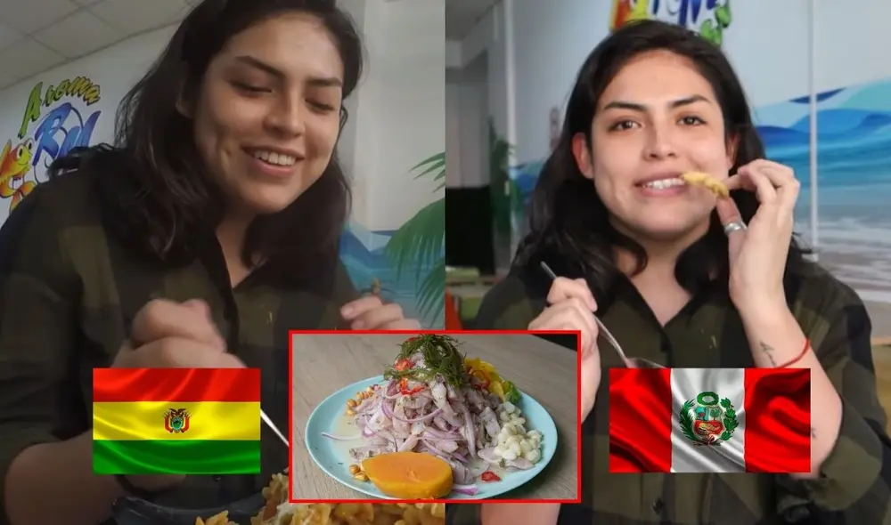 Joven boliviana visita Perú, prueba ceviche por primera vez y queda sorprendida. Foto: composición LR
