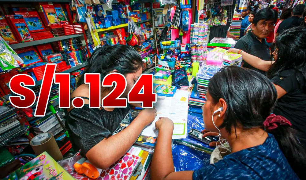 Peruanos comprando útiles escolares y cifra de gasto. Foto: composición LR/Andina Peruanos comprando útiles escolares y cifra de gasto. Foto: composición LR/Andina